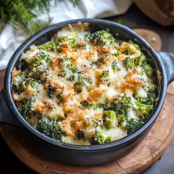 Keto broccoli casserole baked with cheddar cheese, cream, and crispy golden topping in a casserole dish.