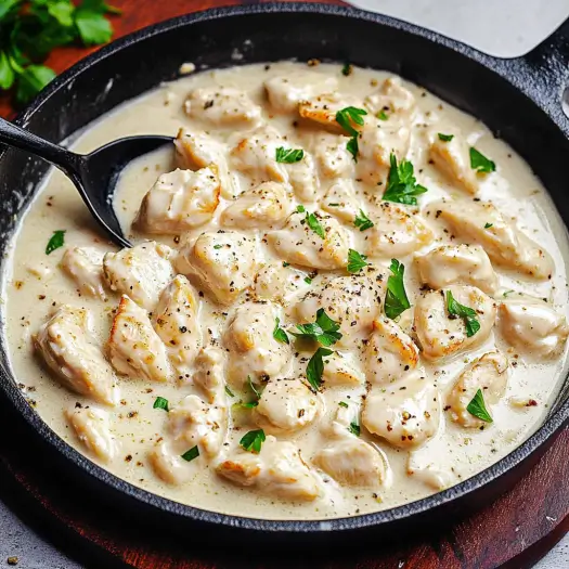 Keto chicken Alfredo served in a skillet with grilled chicken, creamy garlic Parmesan sauce, and zucchini noodles.
