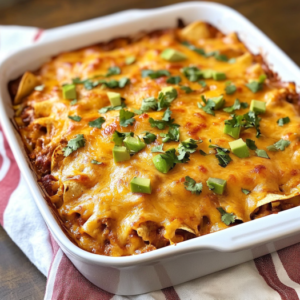 Keto chicken enchilada casserole layered with shredded chicken, low-carb tortillas, enchilada sauce, and melted cheese.
