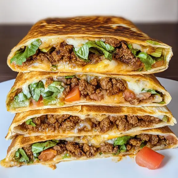 Keto crunchwrap filled with seasoned ground beef, cheese, lettuce, and low-carb tortilla, folded and grilled to perfection.