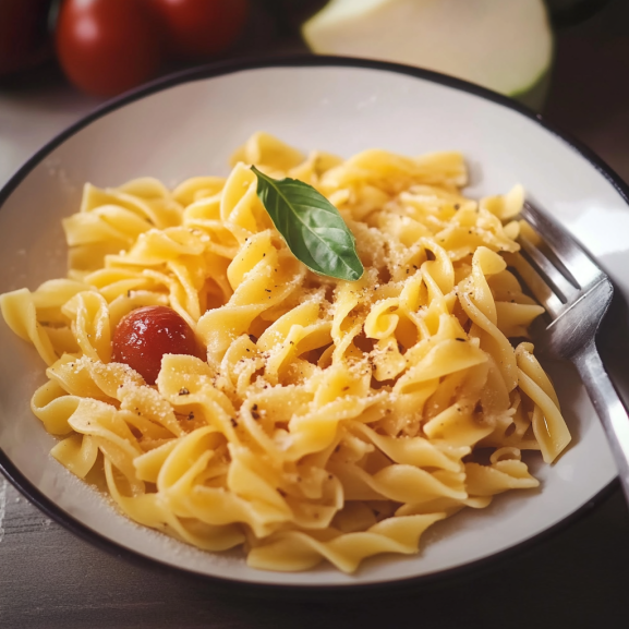 Keto pasta made with low-carb noodles tossed in a creamy Alfredo sauce and topped with Parmesan cheese.