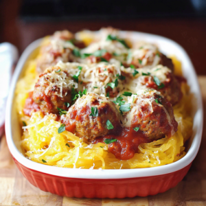 Low-carb spaghetti squash served with homemade meatballs and marinara sauce, garnished with Parmesan and fresh basil.