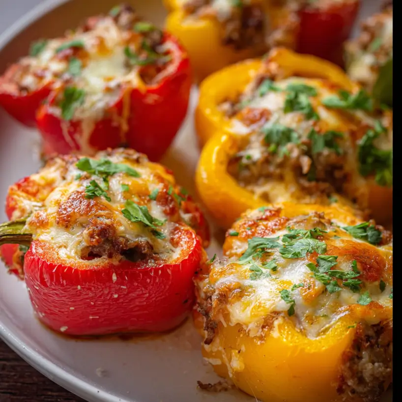 Keto stuffed peppers filled with seasoned ground meat, cauliflower rice, cheese, and baked to perfection.