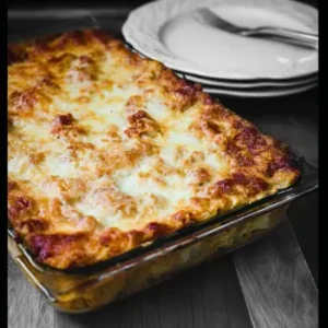 Low-carb spaghetti squash lasagna layered with melted cheese, savory marinara sauce, and fresh herbs in a baking dish.