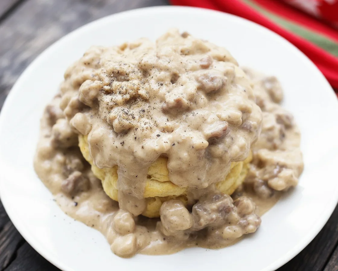 Creamy Keto Sausage Gravy served over biscuits, perfect for a low-carb breakfast.