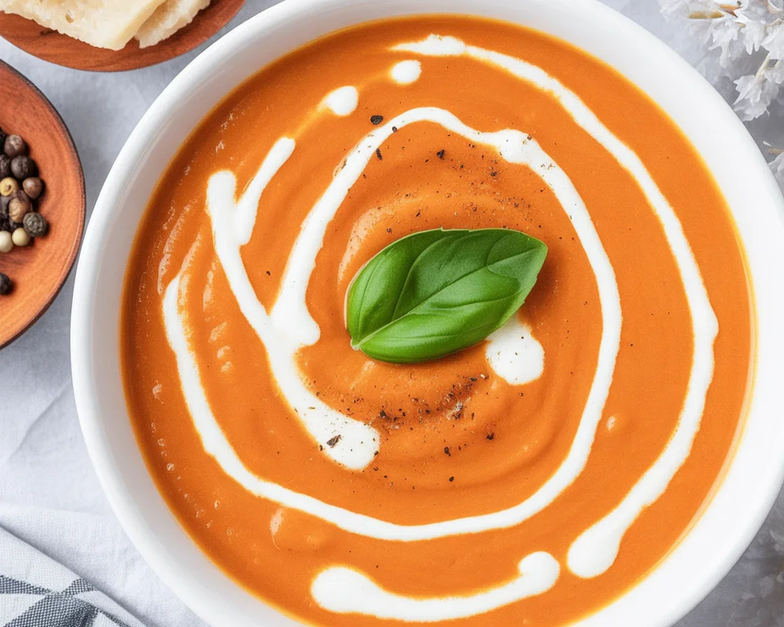 Creamy keto tomato soup with fresh ingredients in a bowl, perfect for low-carb diets.