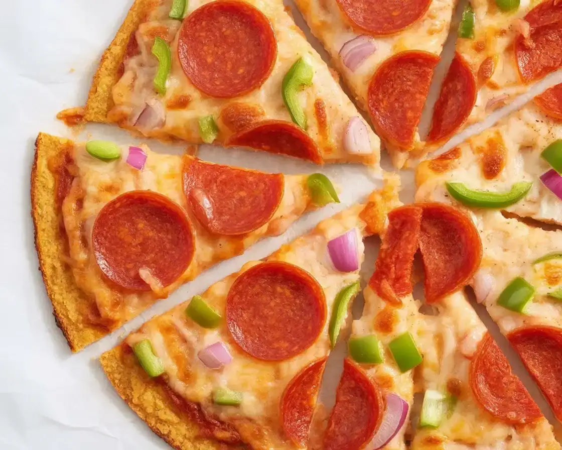 Crispy cauliflower pizza crust topped with cheese, tomatoes, and herbs.