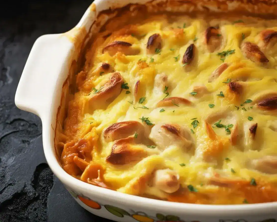 Cheesy and creamy keto chicken casserole topped with fresh vegetables and cheese.