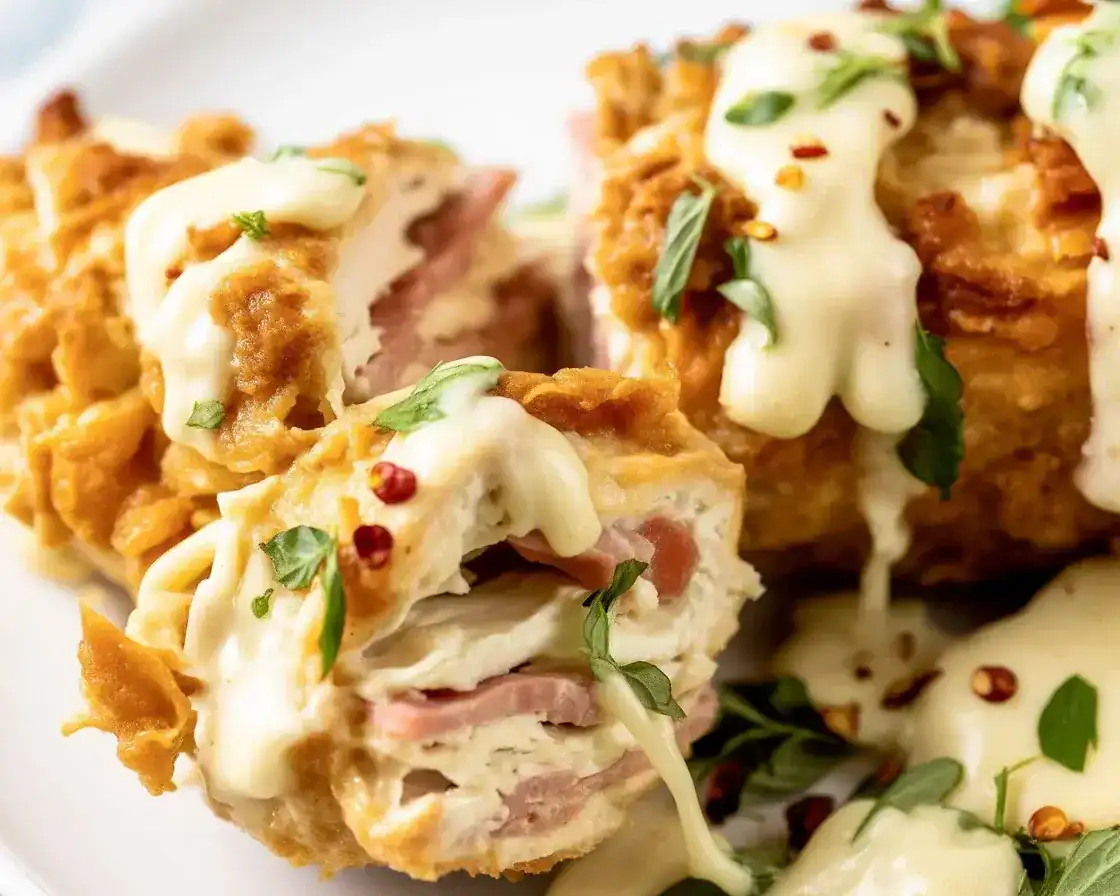 Delicious keto chicken cordon bleu with ham, Swiss cheese, and a crispy crust