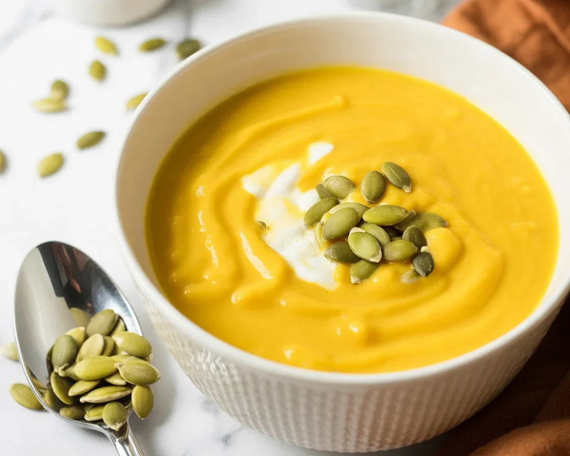 Creamy keto butternut squash soup in a bowl garnished with herbs.