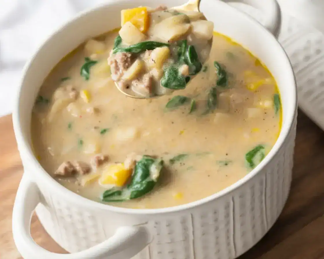 Bowl of creamy Keto Italian sausage soup filled with vegetables and spices.