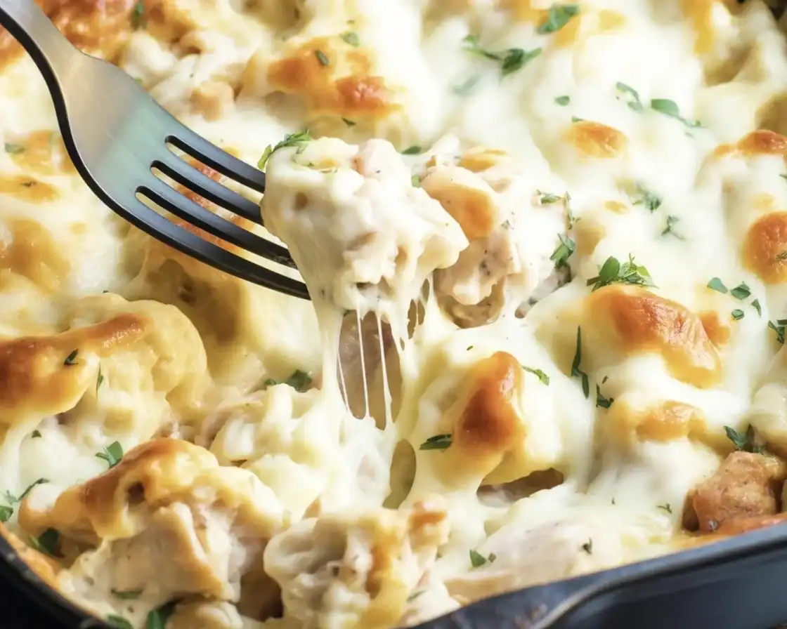 Keto Chicken Alfredo Casserole with chicken, cheese, and broccoli ready to bake.