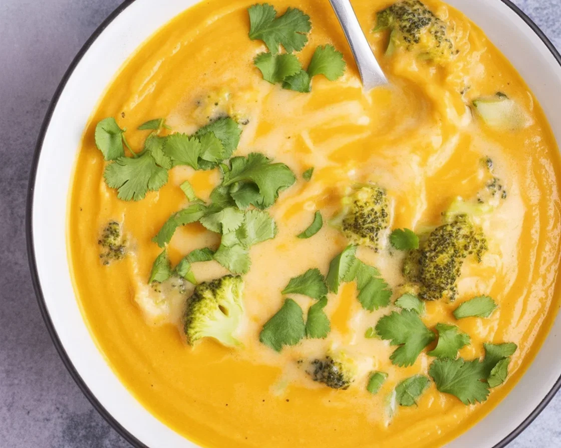 Creamy keto broccoli cheese soup served in a bowl, garnished with fresh herbs.