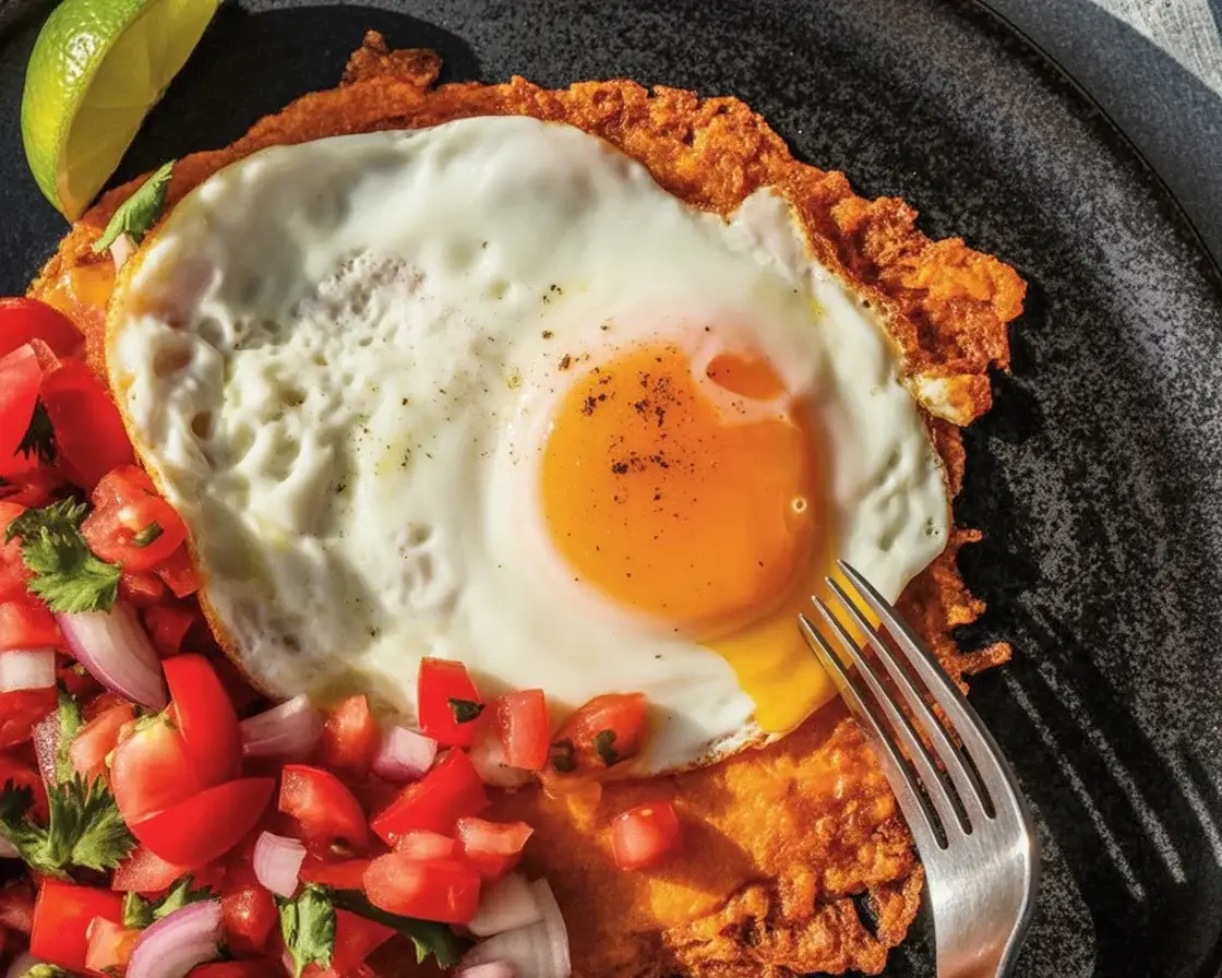 Cheesy frico fried egg tostadas topped with pico de gallo for a delicious breakfast.