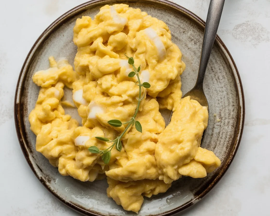 Delicious cheesy scrambled eggs in a skillet, perfect for a quick breakfast.