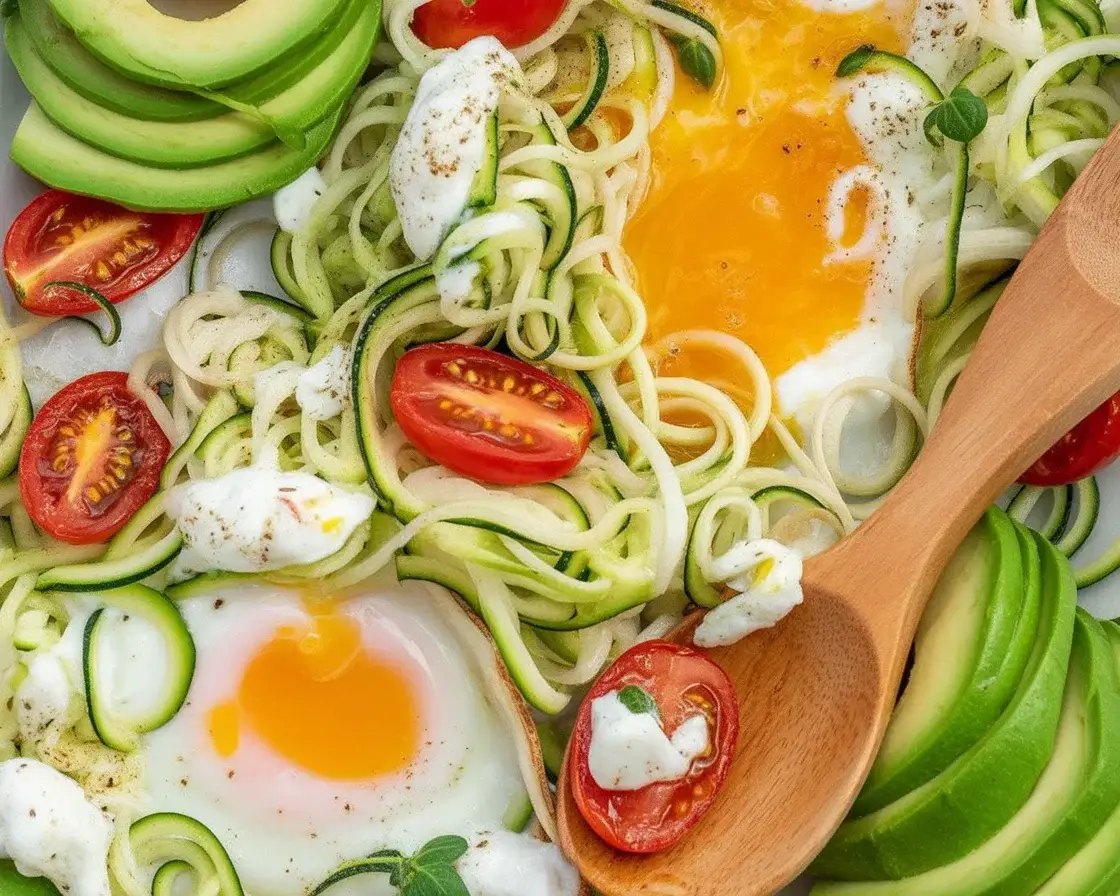 Delicious baked eggs and zoodle bundles topped with pesto and cheese.