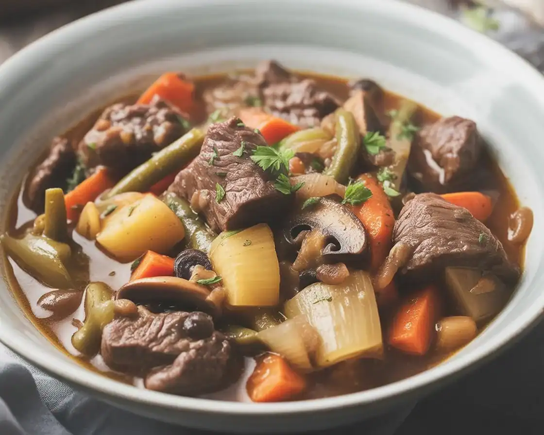 Delicious keto beef stew with tender beef and fresh vegetables in a savory broth.