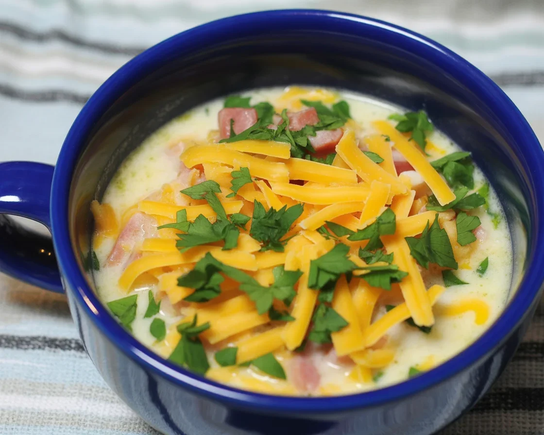 A delicious bowl of creamy keto ham soup with fresh vegetables and rich broth.