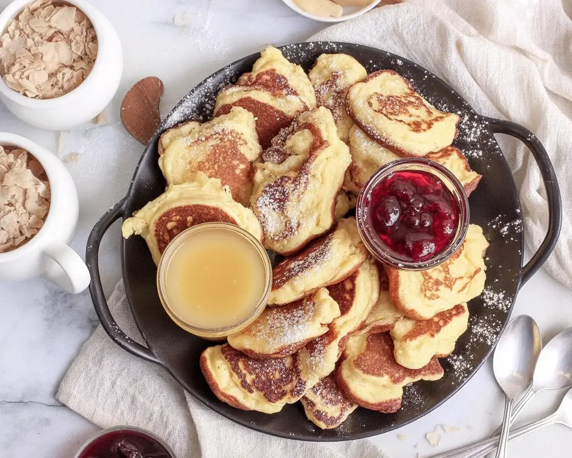 Delicious and fluffy scrambled pancakes served with syrup and berries.