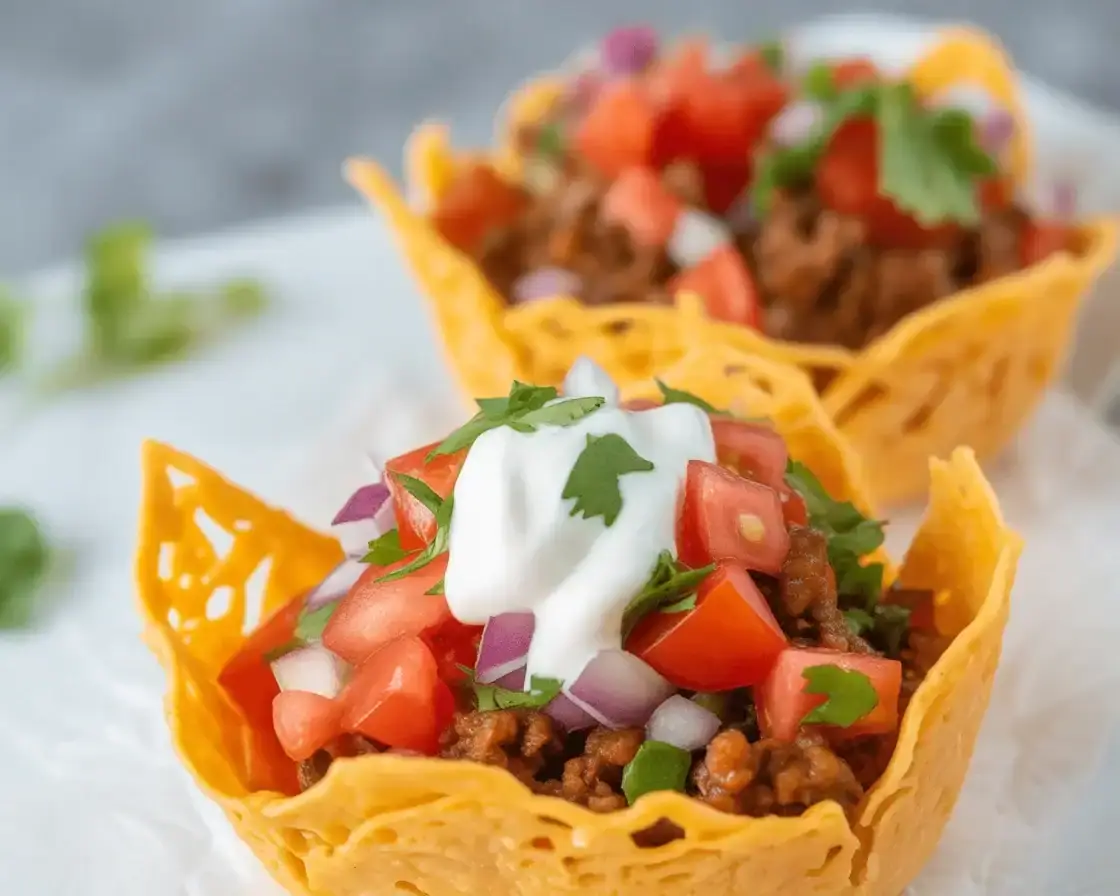Keto Taco Cups with cheese shell filled with seasoned taco meat
