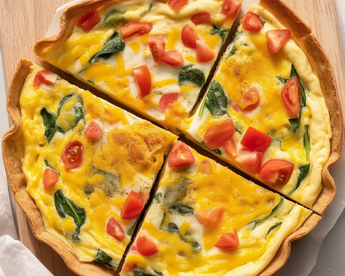 Delicious Tortilla Egg Bake with eggs, vegetables, and cheese baked in a crispy tortilla shell.