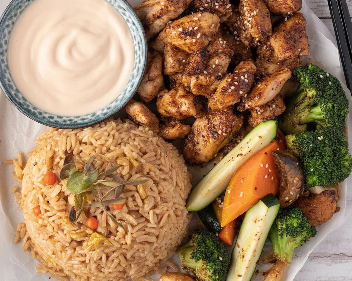 Delicious Easy Hibachi Chicken with sautéed vegetables on a plate