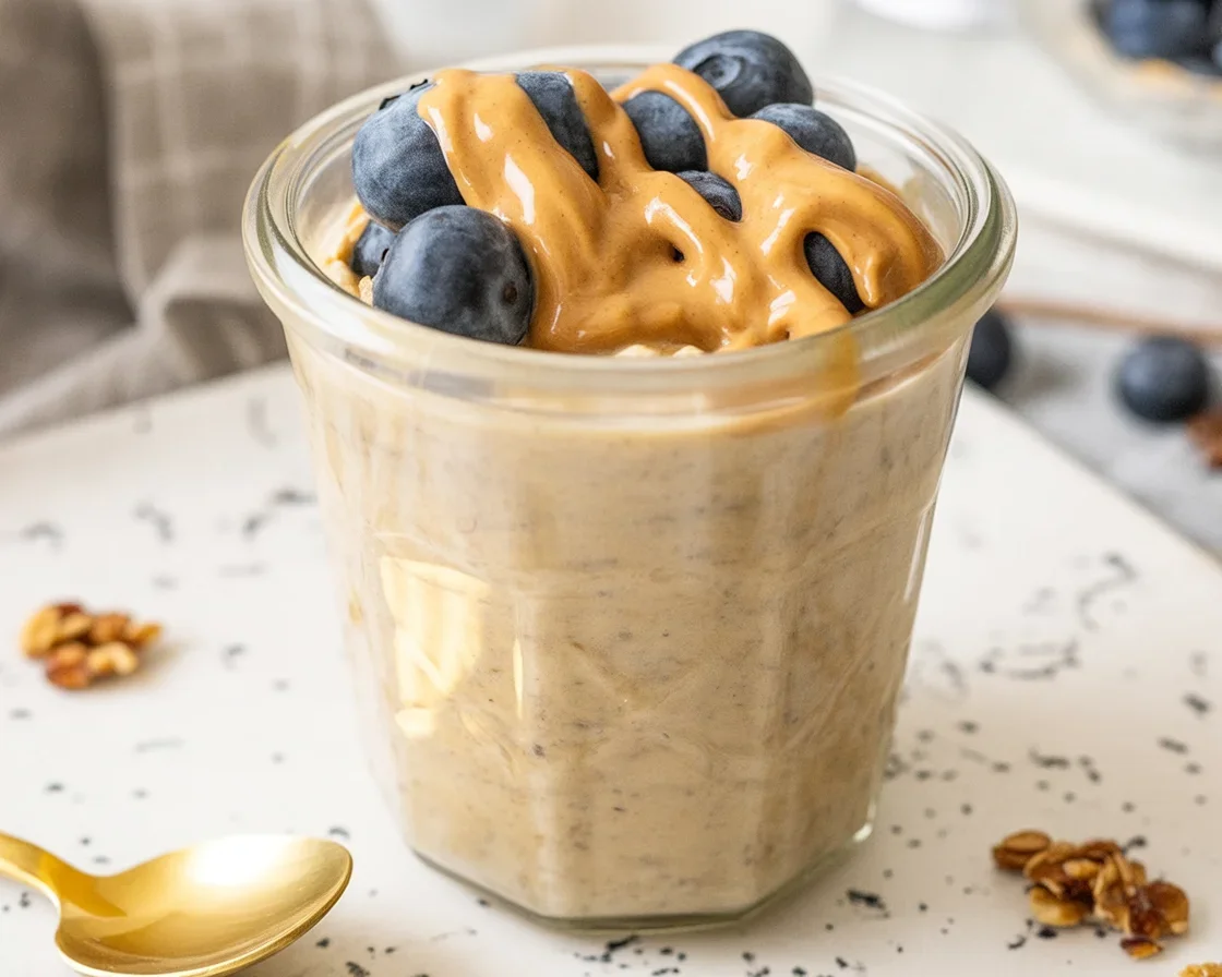 Delicious blended overnight oats in a mason jar topped with fresh fruits.