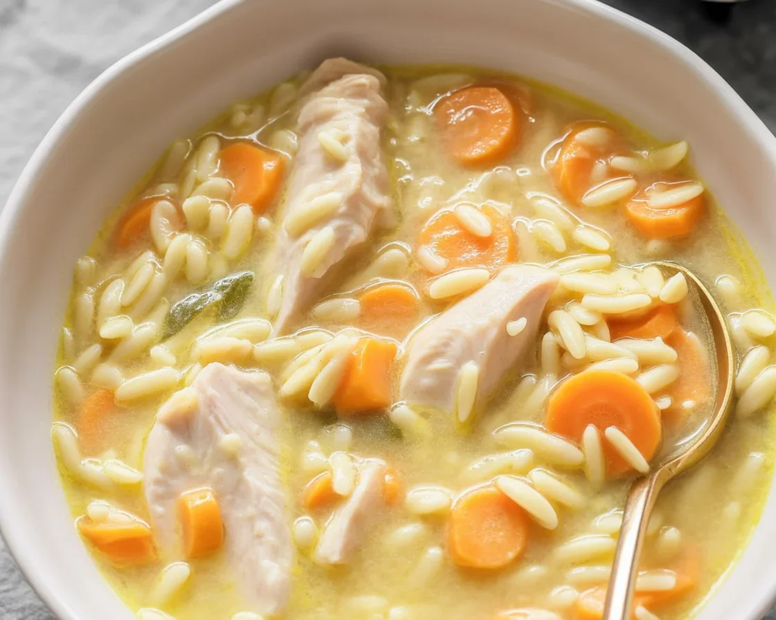 Bowl of Lemon Chicken Orzo Soup with fresh herbs and vegetables