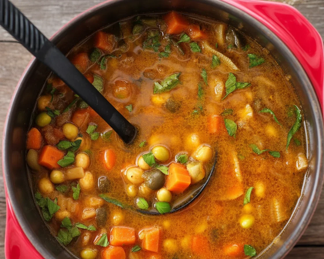 Bowl of Mediterranean soup filled with beans, vegetables, and herbs for a healthy meal.